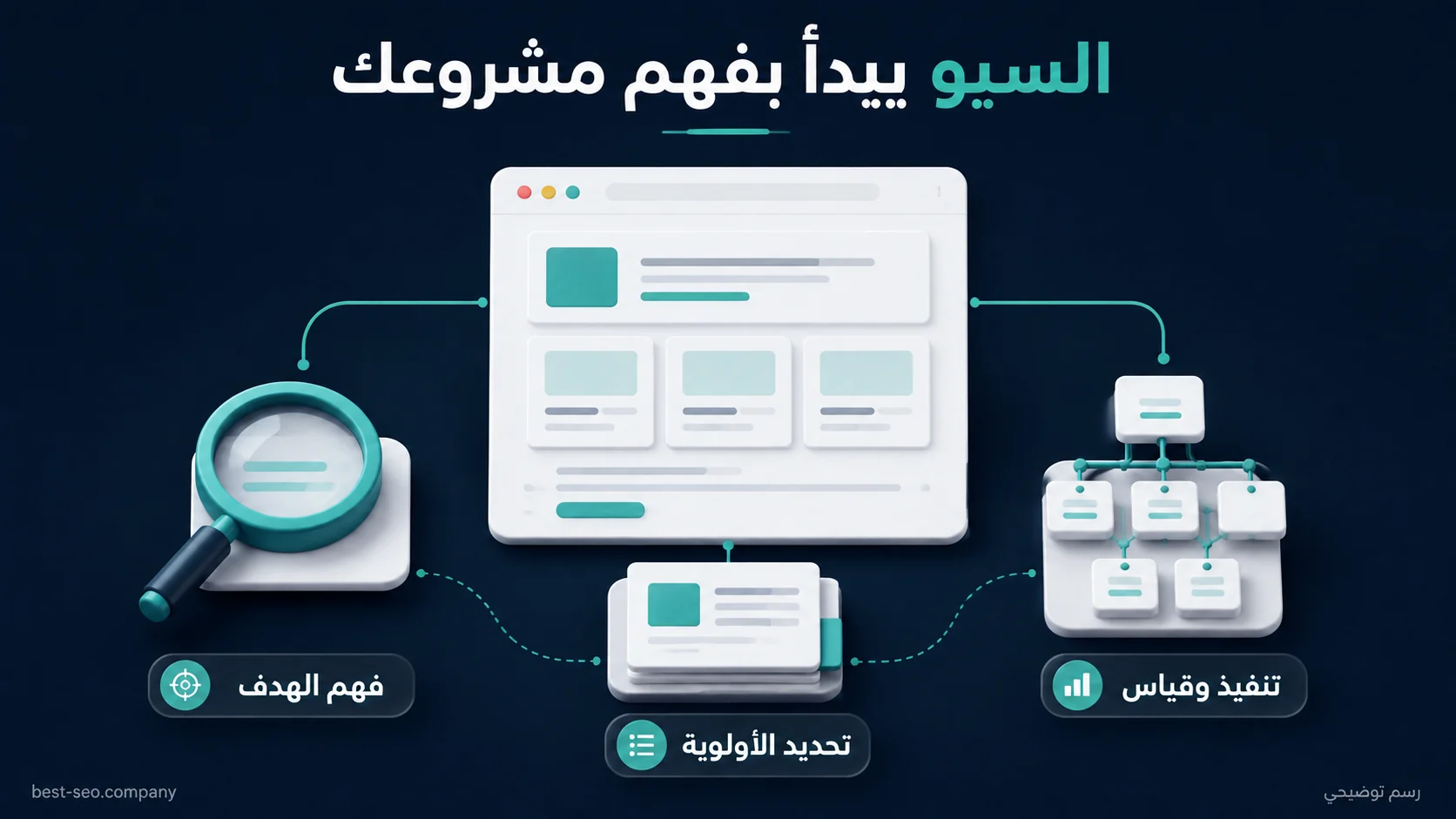 رسم توضيحي يجمع فحص الموقع وتنظيم المحتوى وبنية الصفحات حول فهم الهدف وتحديد الأولوية والتنفيذ والقياس.